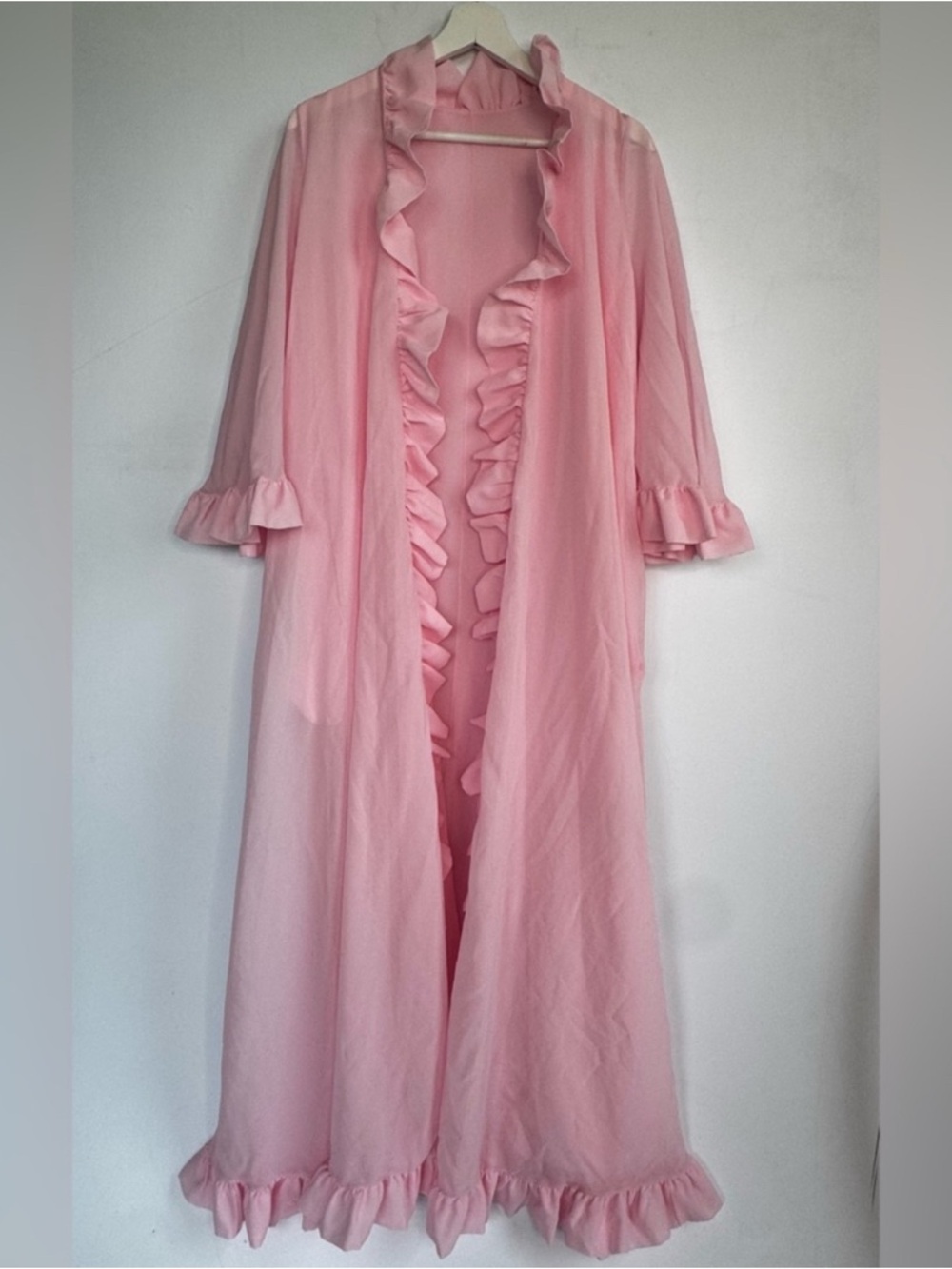 Vintage Pink Sheer Peignoir Robe Dressing Gown With Ruffles Bell Sleeves Small
